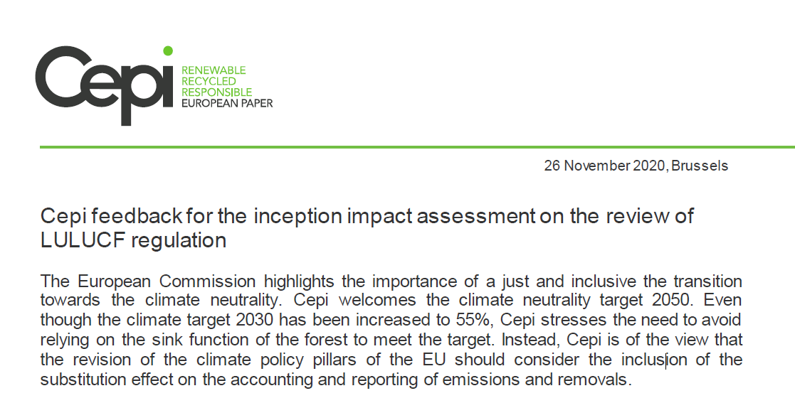 Cepi feedback for the inception impact assessment on the review of LULUCF regulation