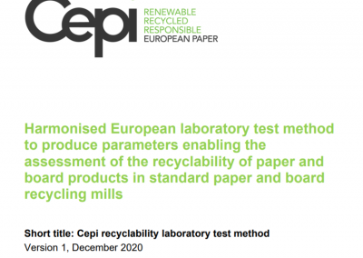 Harmonised European laboratory test method to produce parameters enabling the assessment of the recyclability of paper and board products in standard paper and board recycling mills
