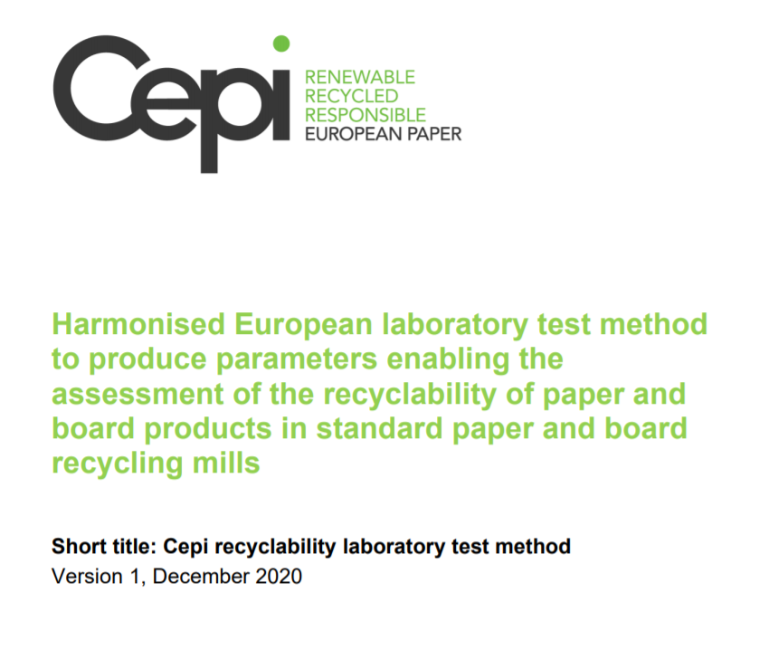 Harmonised European laboratory test method to produce parameters enabling the assessment of the recyclability of paper and board products in standard paper and board recycling mills