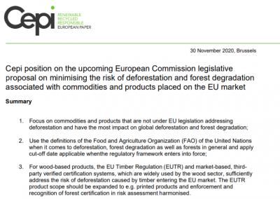 Cepi position on the upcoming European Commission legislative proposal on minimising the risk of deforestation and forest degradation associated with commodities and products placed on the EU market