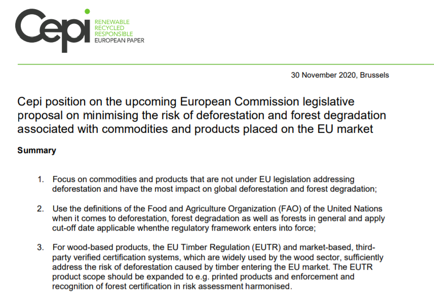 Cepi position on the upcoming European Commission legislative proposal on minimising the risk of deforestation and forest degradation associated with commodities and products placed on the EU market