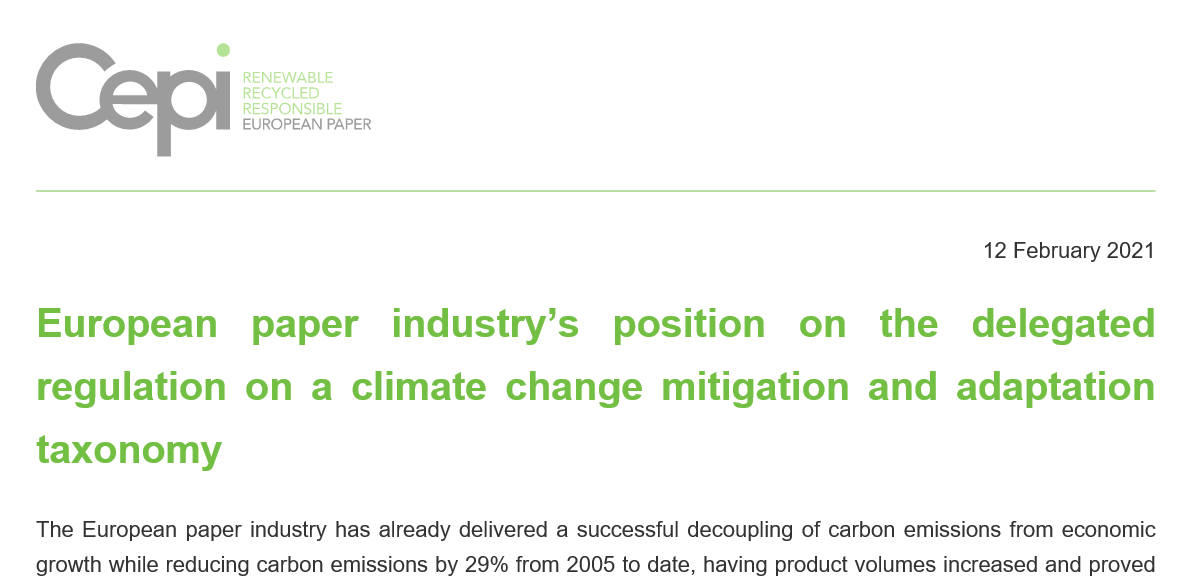 European paper industry’s position on the delegated regulation on a climate change mitigation and adaptation taxonomy