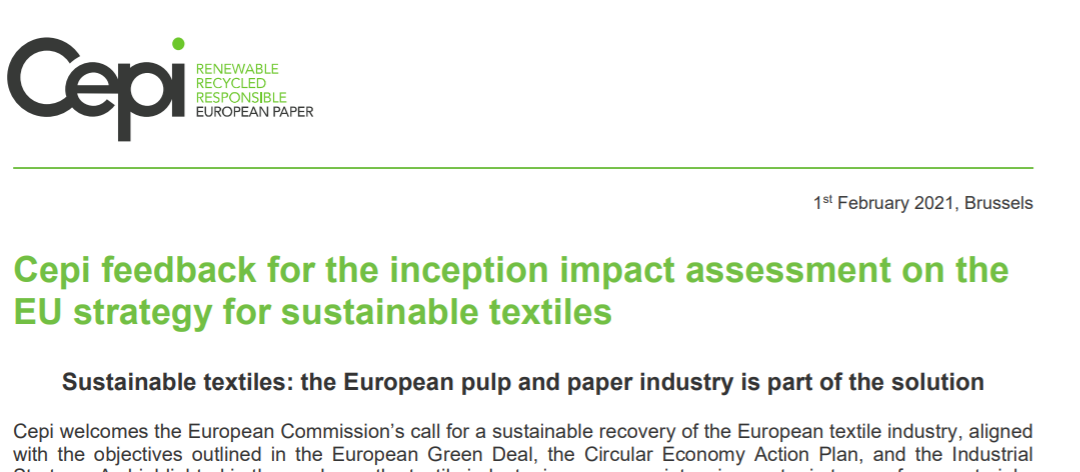 Cepi feedback for the inception impact assessment on the EU strategy for sustainable textiles