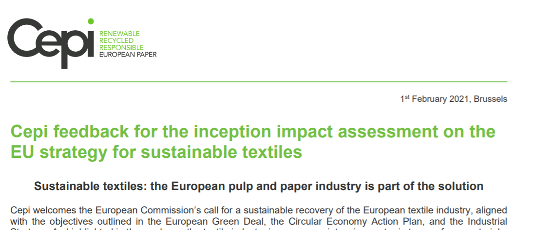 Cepi feedback for the inception impact assessment on the EU strategy for sustainable textiles