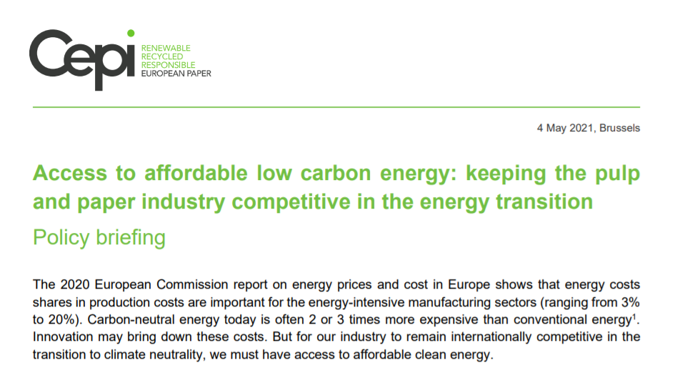 Access to affordable low carbon energy: keeping the pulp and paper industry competitive in the energy transition