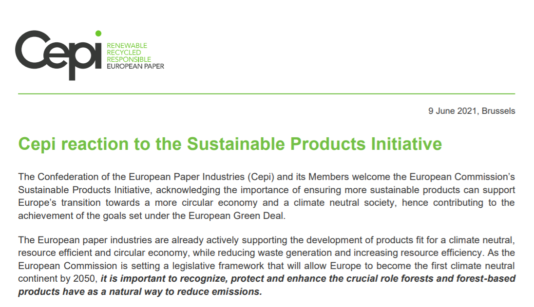 Cepi reaction to the Sustainable Products Initiative
