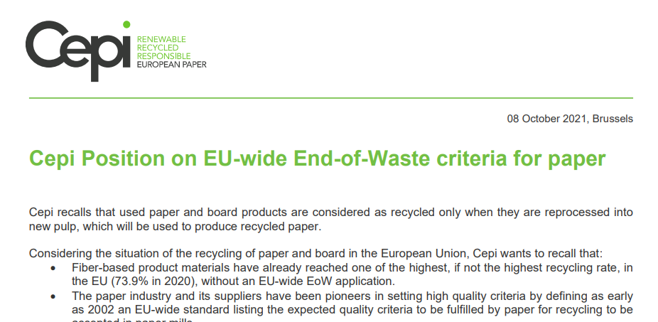 Cepi Position on EU-wide End-of-Waste criteria for paper