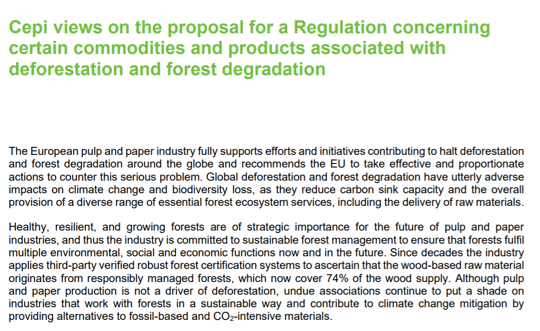 Cepi views on the proposal for a regulation on deforestation and forest degradation