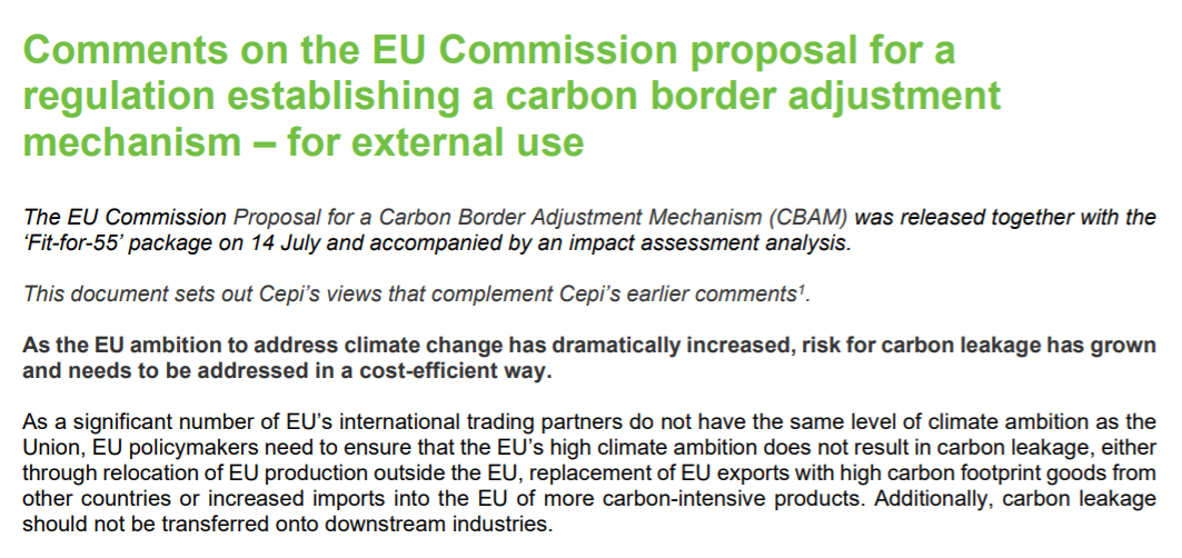 Cepi views on the EU Commission CBAM proposal