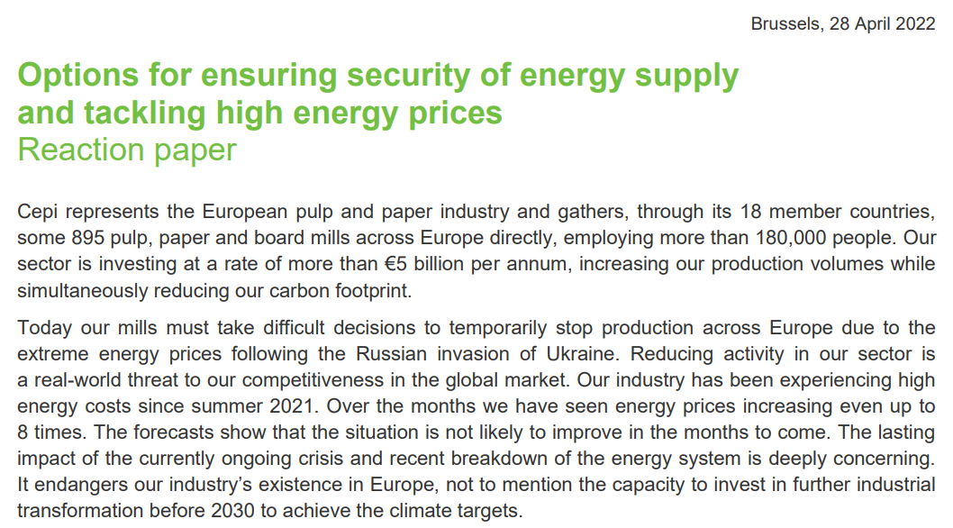 Reaction paper: Options for ensuring security of energy supply and tackling high energy prices