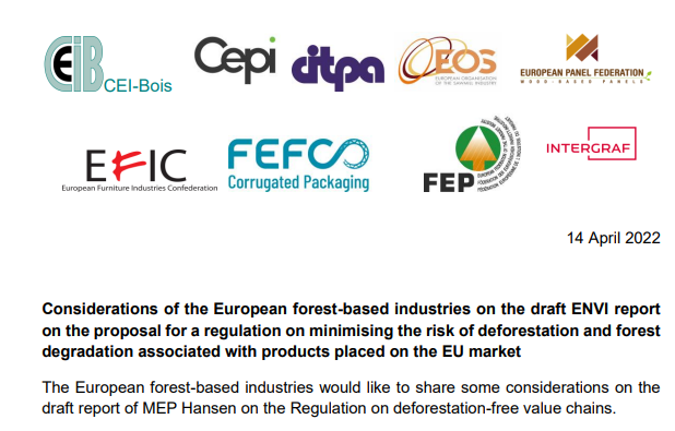 Statement of the European forest-based Industries on the draft ENVI Report on the Deforestation Regulation