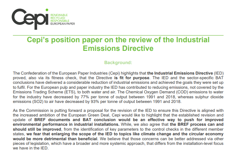 Cepi’s position paper on the review of the Industrial Emissions Directive (IED)
