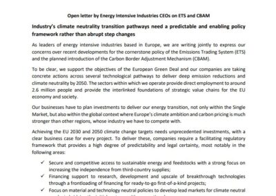Open letter by Energy Intensive Industries CEOs on ETS and CBAM