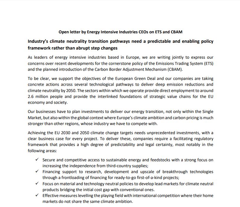 Joint letter by energy intensive industries to European Commission President von der Leyen