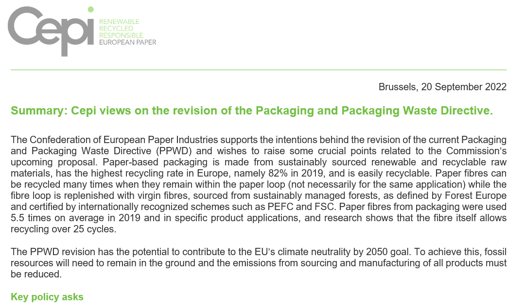 Summary: Cepi views on the revision of the Packaging and Packaging Waste Directive
