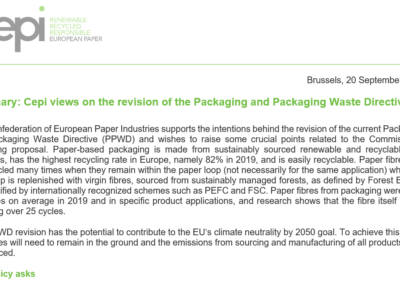 Summary: Cepi views on the revision of the Packaging and Packaging Waste Directive