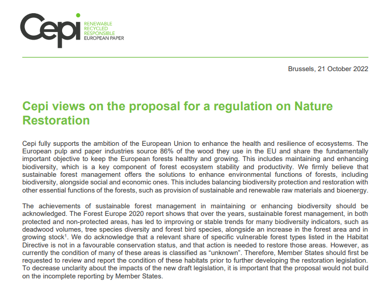 Cepi views on the proposal for a regulation on Nature<br>Restoration