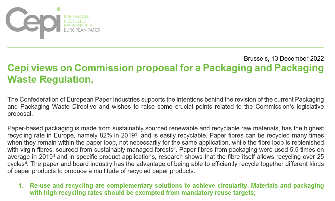 Cepi position on Commission legislative proposal for a Packaging and Packaging Regulation