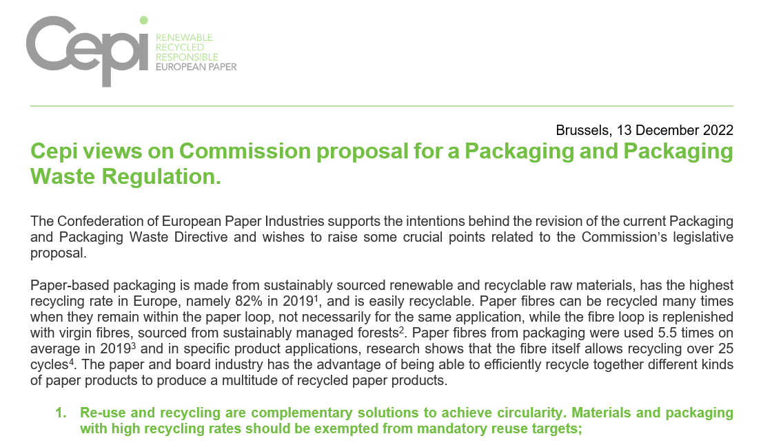 Cepi views on Commission legislative proposal for a Packaging and Packaging Regulation