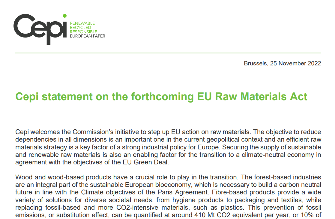 Cepi statement on the forthcoming EU Raw Materials Act