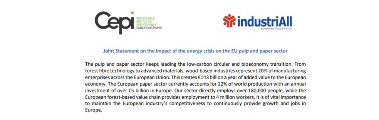 Joint Statement on the impact of the energy crisis on the EU pulp and paper sector