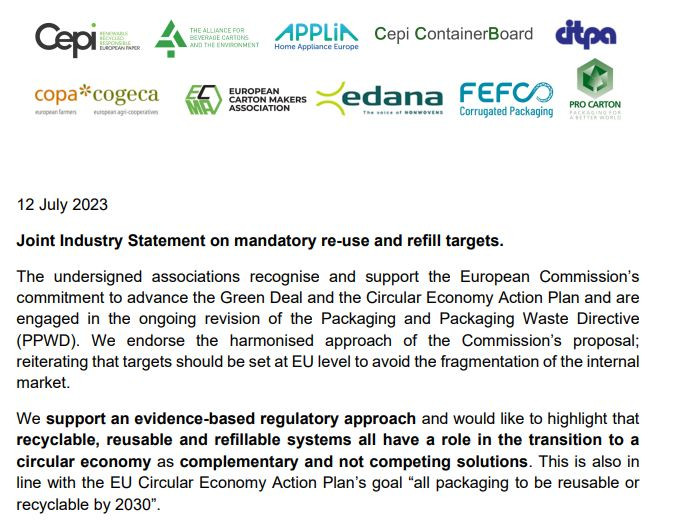 Joint Industry Statement on mandatory re-use and refill targets