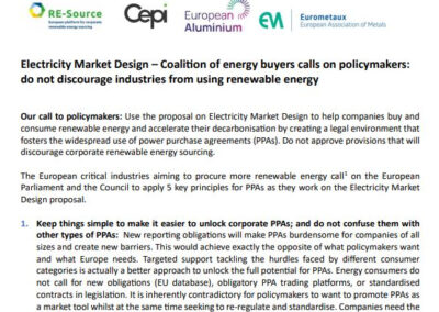 Joint letter on Electricity Market Design – Coalition of energy buyers calls on policymakers: do not discourage industries from using renewable energy