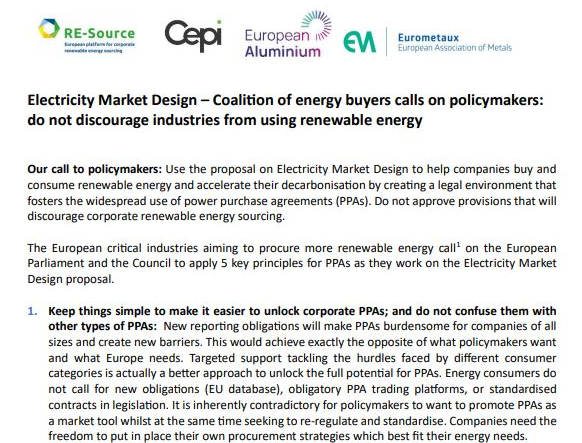 Joint letter on Electricity Market Design – Coalition of energy buyers calls on policymakers: do not discourage industries from using renewable energy