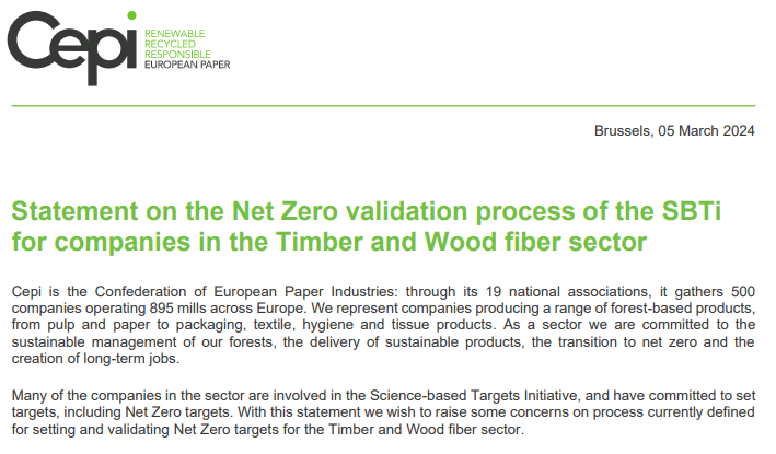 Statement on the Net Zero validation process of the SBTifor companies in the Timber and Wood fiber sector