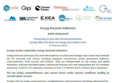 Energy Intensive Industries Joint statement: Preventing Irreversible Deindustrialisation: Europe Must Act Now on Energy and Carbon Costs