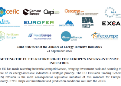 Joint statement of the Alliance of Energy Intensive Industries: Getting the EU ETS Reform Right for Europe’s Energy-Intensive Industries