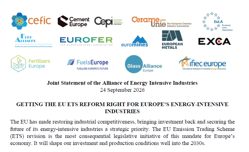 Joint statement of the Alliance of Energy Intensive Industries: Getting the EU ETS Reform Right for Europe’s Energy-Intensive Industries