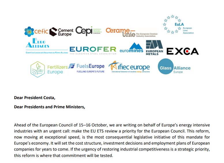 Letter from Energy Intensive Industries ahead of 15 October EU Council